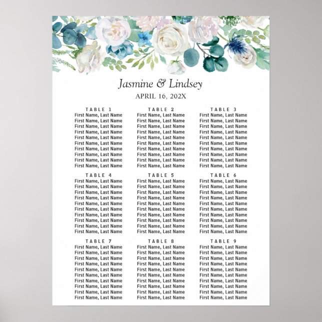 Blå Vit Grön Blommig Bröllopsställningsdiagram Poster (Framsidan)