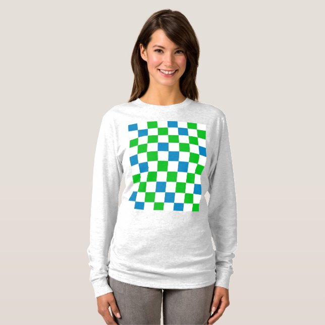 Blå Vit Grön Rutig Design  T Shirt (Hel framsida)