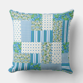 Blå, vit, Grönt God morgon Faux Patchwork Kudde
