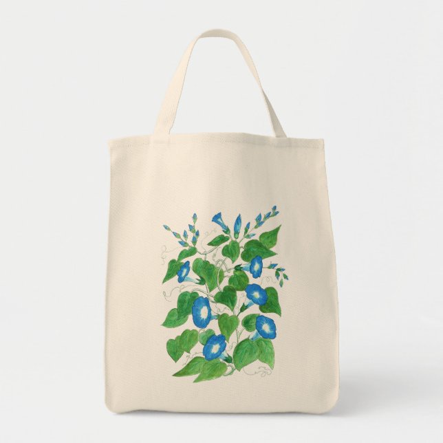 Blå, vit, Grönt Tote Bag, Morgonglorier Tygkasse (Framsidan)