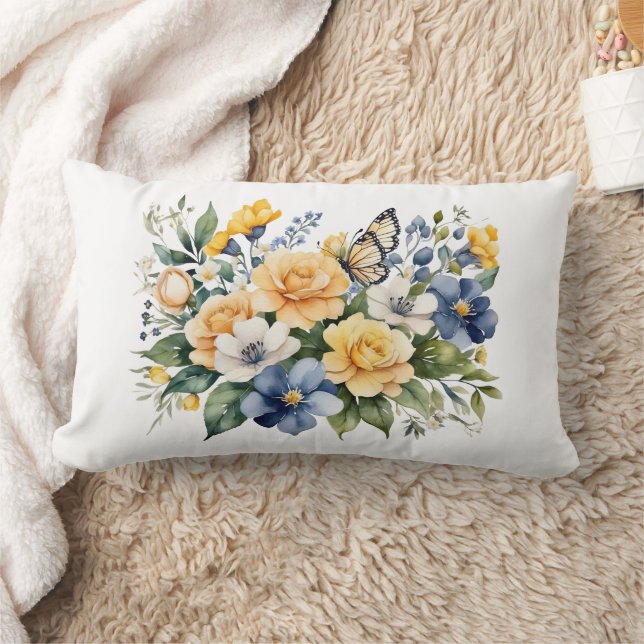 Blå Vit Gul Blommig Fjäril Vattenfärg Gåva Lumbarkudde (Filt)