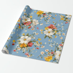 Blå Vit Gul Röd Ditsy Blomma Pastell Boho 70-tal Presentpapper