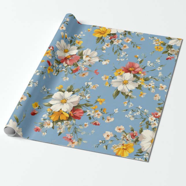 Blå Vit Gul Röd Ditsy Blomma Pastell Boho 70-tal Presentpapper (Utrullad)