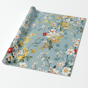 Blå Vit Gul Röd Ditsy Blomma Pastell Boho 70-tal Presentpapper