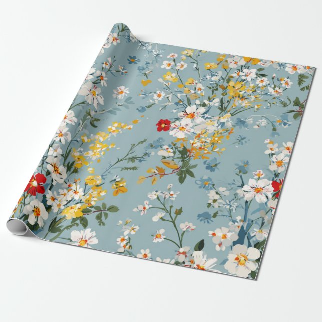 Blå Vit Gul Röd Ditsy Blomma Pastell Boho 70-tal Presentpapper (Utrullad)