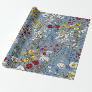 Blå Vit Gul Röd Ditsy Blomma Pastell Boho 70-tal Presentpapper