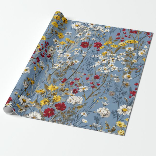 Blå Vit Gul Röd Ditsy Blomma Pastell Boho 70-tal Presentpapper (Utrullad)