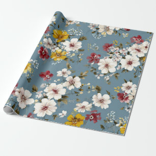 Blå Vit Gul Röd Ditsy Blomma Pastell Boho 70-tal Presentpapper