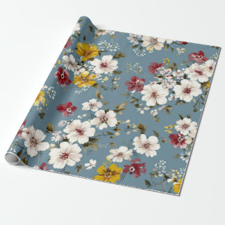 Blå Vit Gul Röd Ditsy Blomma Pastell Boho 70-tal Presentpapper