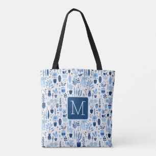 Blå, Vit, Gul Växt Färgblock Monogram Tygkasse