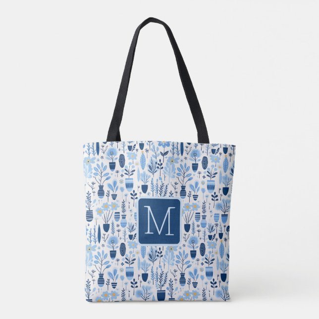 Blå, Vit, Gul Växt Färgblock Monogram Tygkasse (Baksida)