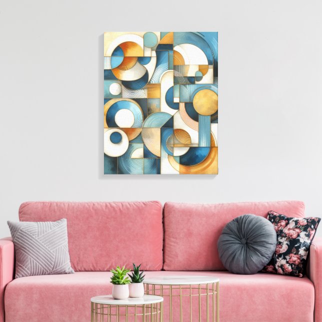 Blå Vit Guld Abstrakt Geometrisk Konst Canvastryck (Insitu (Vardagsrum))