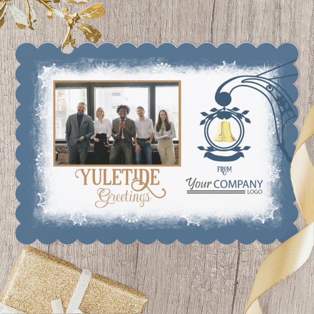 Blå, vit, Guld Bell Company Julfoto Julkort (blue, beige, gold bell company logo Christmas holiday cards with company group photo)