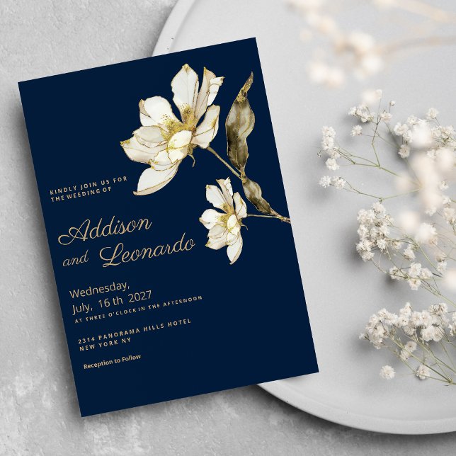 Blå vit guld-blomma från lyxmarinkblått glitter Br Inbjudningar (Luxury navy blue gold white glitter flower Wedding )