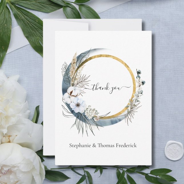 Blå Vit Guld Blommig Akvarell Boho Bröllop Tack Kort (Blue white gold boho wedding thank you card)