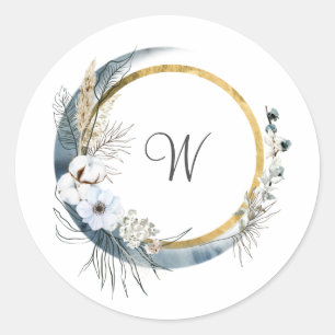 Blå Vit Guld Blommig Monogram Boho Bröllop Runt Klistermärke