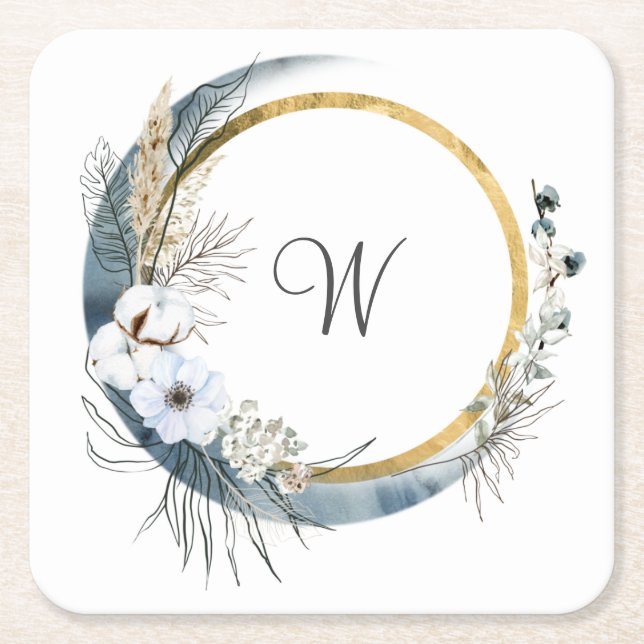 Blå Vit Guld Blommig Monogram Boho Bröllop Underlägg Papper Kvadrat (Framsidan)