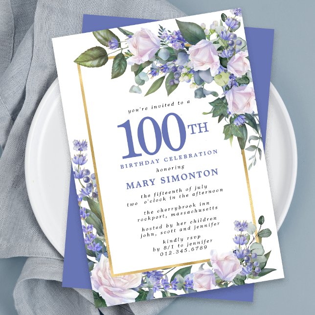 Blå vit Guld Blommigt 100:e födelsedagen Inbjudningar (Skapare uppladdad)
