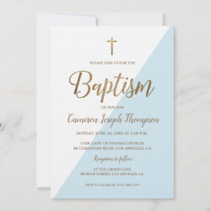 Blå vit Guld Modern Pojke utan fotobaptism Inbjudningar