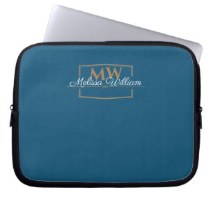 Blå vit Guld Monogram Namn-skript Laptop Fodral