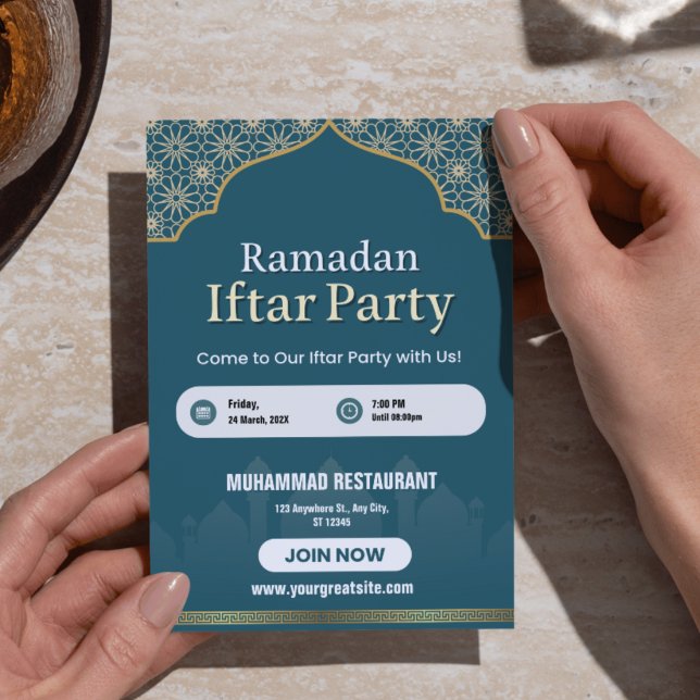 Blå, Vit & Guld Ramadan Iftar Inbjudningsaffisch Inbjudningar (Blue, White & Gold Ramadan Iftar Invitation Poster - Restaurant & Party Menu)