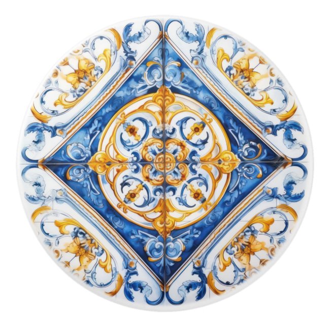 Blå vit Guld-se Talavera Azulejo Tile Knopp (Framsidan)