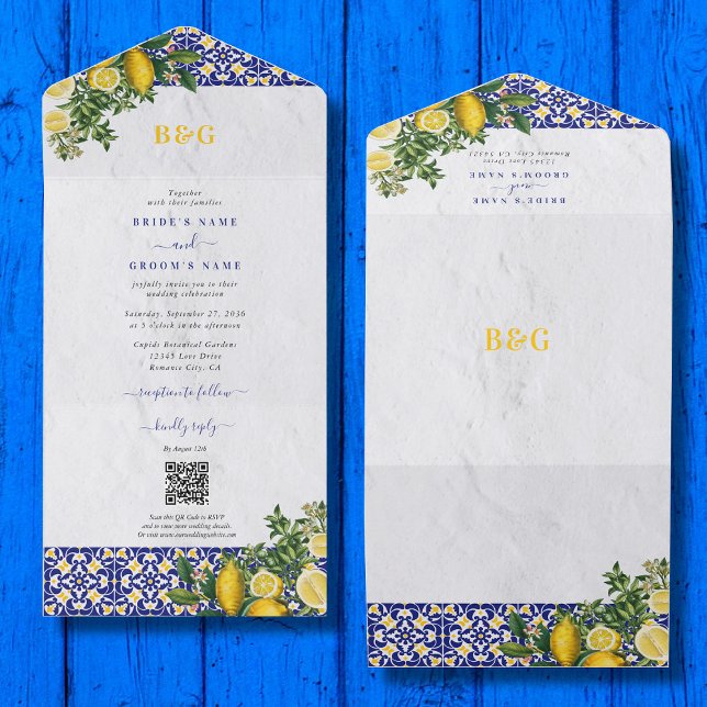 Blå vit Gult Medelhavet Tile Lemon Bröllop (Blue White Yellow Mediterranean Tile Lemon Wedding All In One Invitation)
