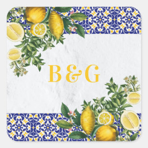 Blå vit Gult Medelhavet Tile Lemon Bröllop Fyrkantigt Klistermärke