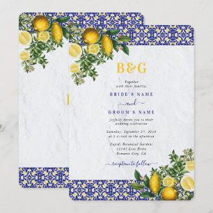 Blå vit Gult Medelhavet Tile Lemon Bröllop Inbjudningar