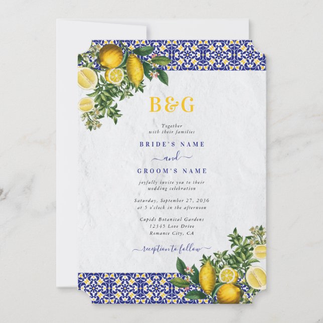 Blå vit Gult Medelhavet Tile Lemon Bröllop Inbjudningar (Framsida)