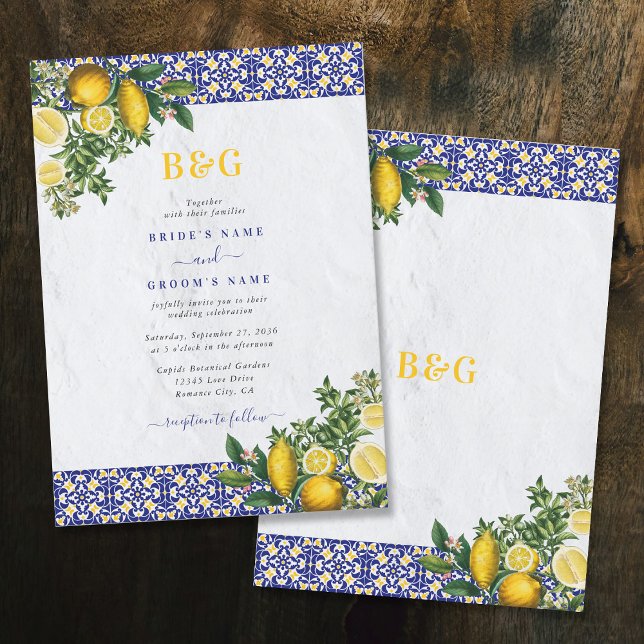 Blå vit Gult Medelhavet Tile Lemon Bröllop Inbjudningar (Blue White Yellow Mediterranean Tile Lemon Wedding Invitation)
