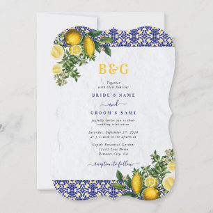 Blå vit Gult Medelhavet Tile Lemon Bröllop Inbjudningar