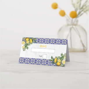 Blå vit Gult Medelhavet Tile Lemon Bröllop Placeringskort