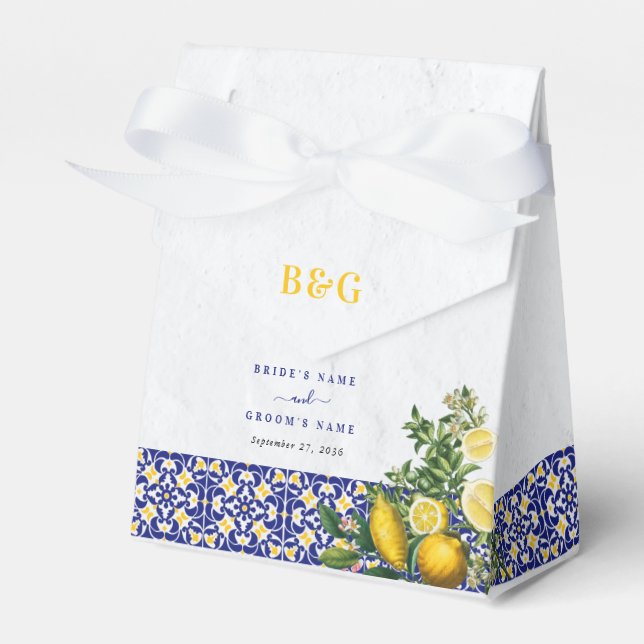 Blå vit Gult Medelhavet Tile Lemon Bröllop Presentaskar (Framsidan Sidan)