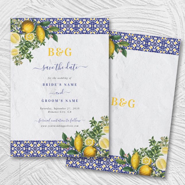 Blå vit Gult Medelhavet Tile Lemon Bröllop Spara Datumet (Blue White Yellow Mediterranean Tile Lemon Wedding Save The Date)