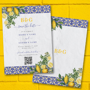 Blå vit Gult Medelhavet Tile Lemon Bröllop Spara Datumet