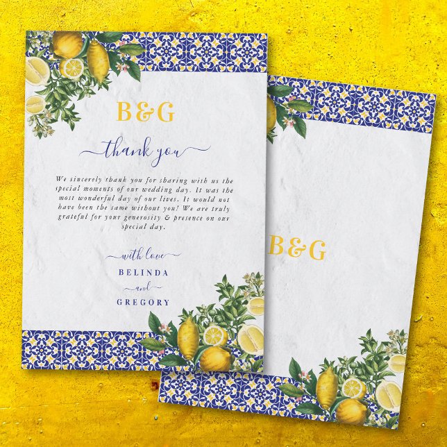 Blå vit Gult Medelhavet Tile Lemon Bröllop Tack Kort (Blue White Yellow Mediterranean Tile Lemon Wedding Thank You Card)