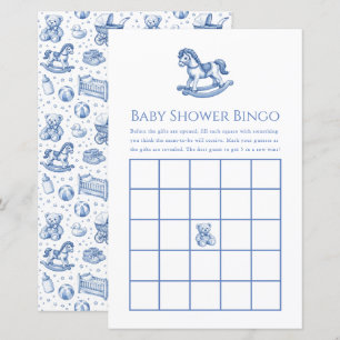 Blå & Vit Gunghäst Baby Shower Bingo Spel