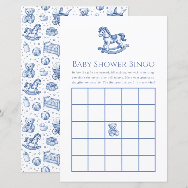 Blå & Vit Gunghäst Baby Shower Bingo Spel (Fram/baksida)