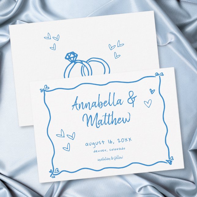 Blå Vit Handritad Hjärtform Whimsical Bröllop Spara Datumet (Blue White Hand Drawn Heart Whimsical Wedding Save The Date)