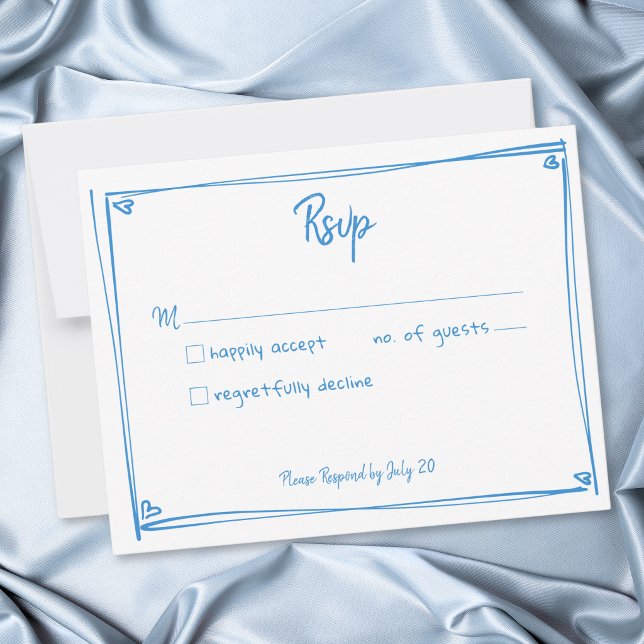 Blå Vit Handritad Hjärtformad Bröllop  OSA Kort (Blue White Hand Drawn Heart Whimsical Wedding RSVP Card)