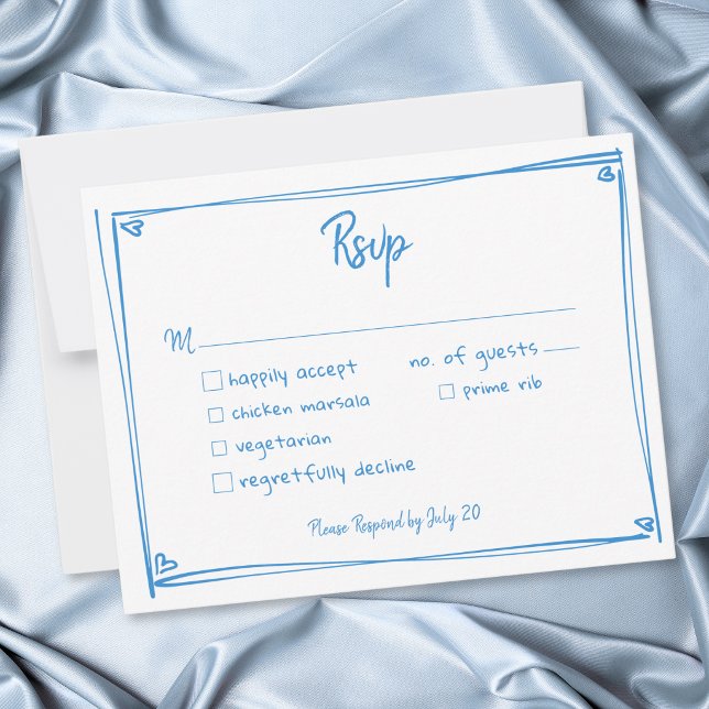 Blå Vit Handritad Hjärtformad Bröllop  OSA Kort (Blue White Hand Drawn Heart Whimsical Wedding RSVP Card)