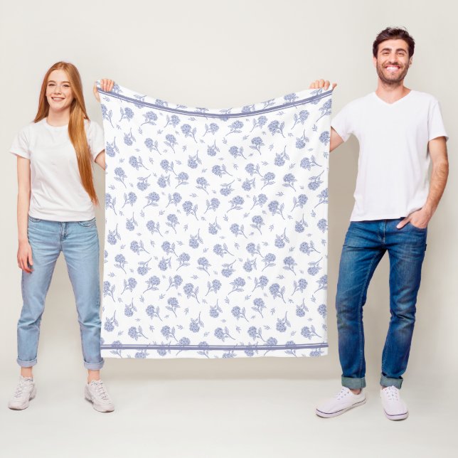 Blå & Vit Hortensia Botanisk Toile-mönster  Fleecefilt (På plats)