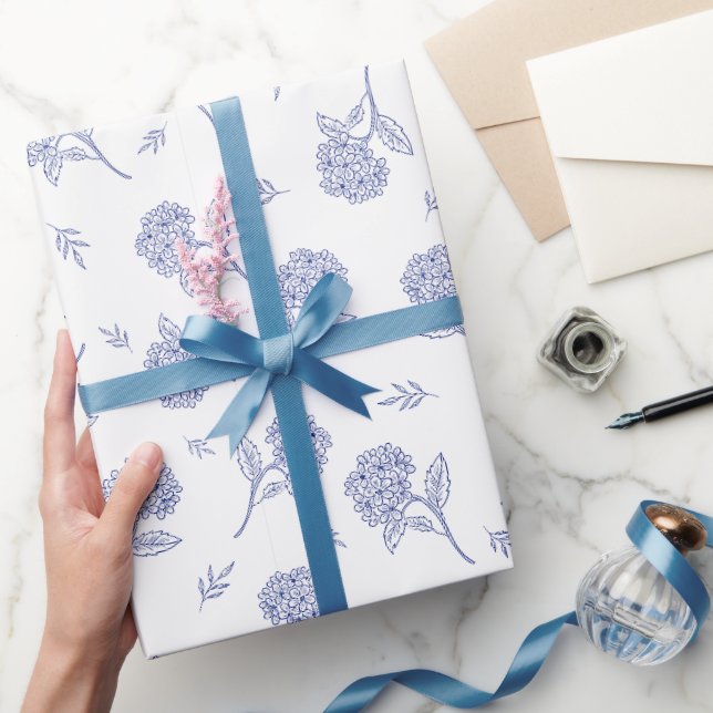 Blå & Vit Hortensia Botanisk Toile-mönster  Presentpapper (Gifting)