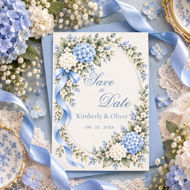 Blå Vit Hortensia Elegant Bröllop  Spara Datumet (Skapare uppladdad)