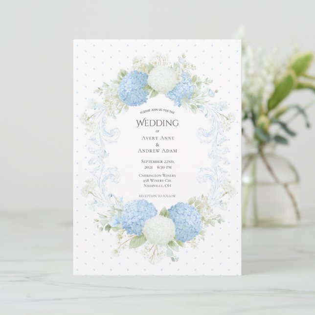 Blå Vit Hydrangea Blommig Elegant Bröllop Inbjudningar (Stående Fram)