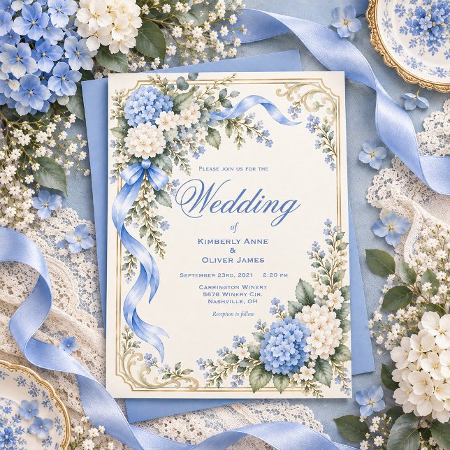 Blå Vit Hydrangea Elegant Bröllopsinbjudan Inbjudningar (Skapare uppladdad)