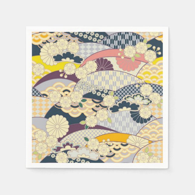 Blå vit japansk Kimono-Blommigt, Papper Pappersservett (Framsidan)