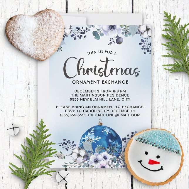 Blå Vit Jul Blomster Ornament Utbyte  Inbjudningar (Skapare uppladdad)