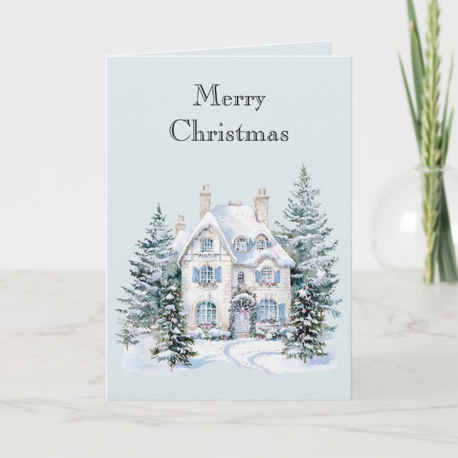 Blå Vit Jul Vinter Hus Träd Kort (Framsida)
